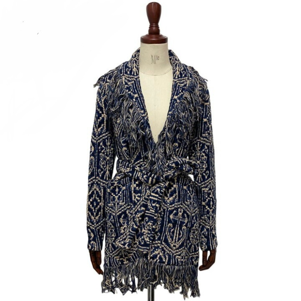 Ralph Lauren  Fringed Knit Cardigan Sweater Coat - Navy & Cream